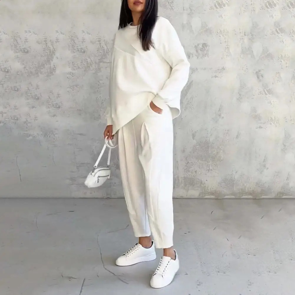 Women Casual Two-piece Set Elegant Womens Top Pants Set with Long Sleeves O Neck Side Pockets for Fall Spring Stylish for Work 250318