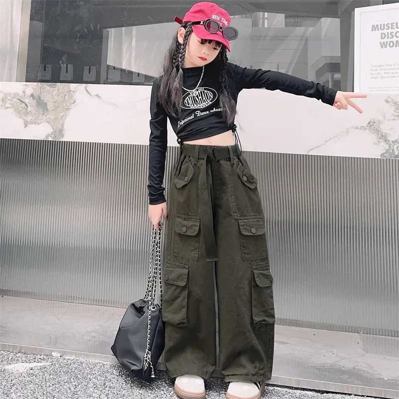 Teen Girls Cargo Pants Loose Casual Fashion Children Trousers Pockets Design Trendy Cool Streetwear Kids Pants 6 8 10 12 14 YearT250318
