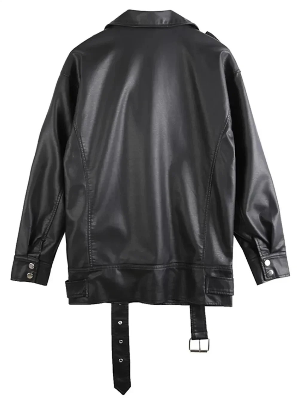 Black PU leather jacket European motorcycle synthetic fashionable womens with ultrafine belt 250319