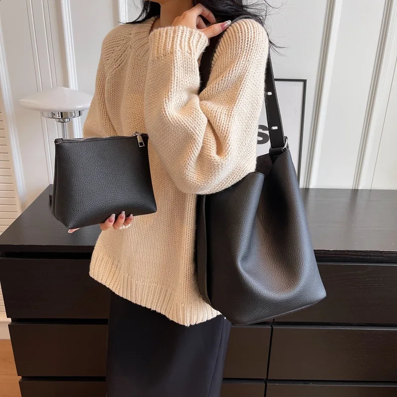 Retro PU Leather Bucket Shoulder Bag for Women Korean Fashion Womens Handbag Large Capacity Underarm Bag 250317