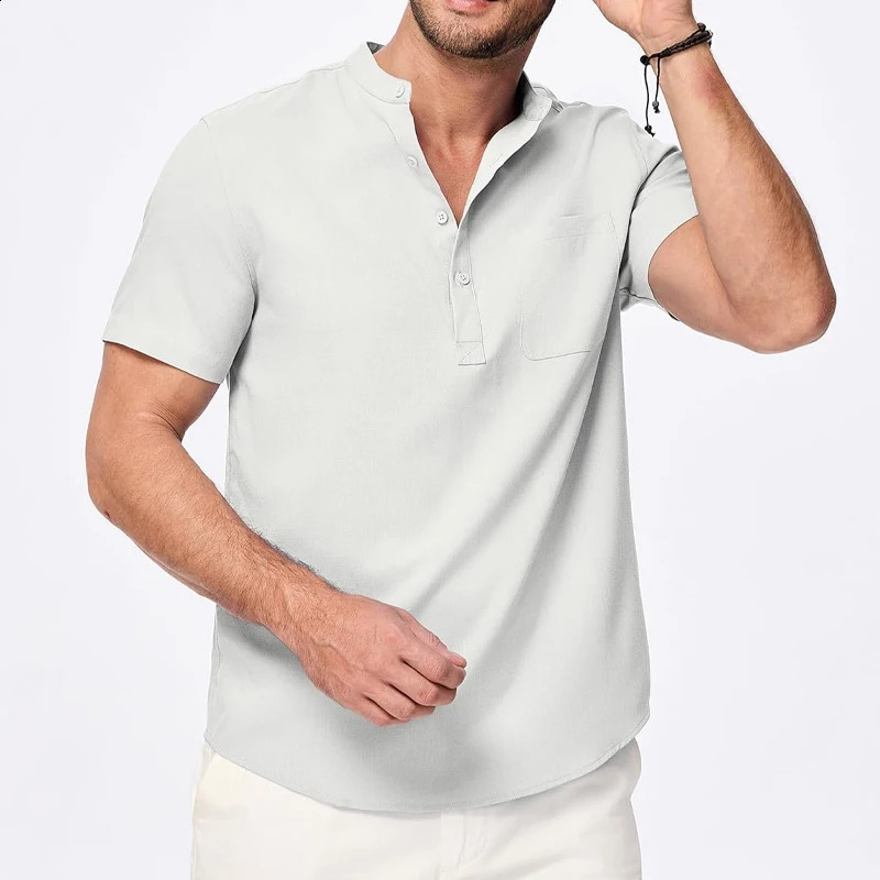 Summer mens short sleeved Henry shirt casual button down lightweight beachwear breathable pocket streetwear 250319