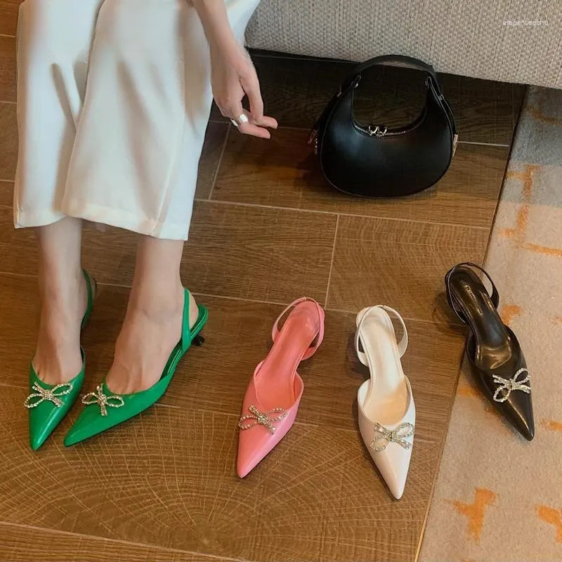 2025 S Fashion Designer Sandals Elastic Back Strap Women High Heel Shoes Ladies Elegant Office Pumps Summer Crystal Slippers Bow Loafers
