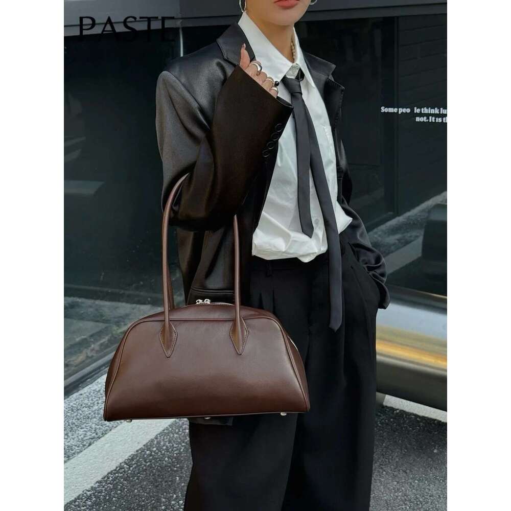 Genuine Leather Long Handle Bowg Bags for Women Designer Handbags 2025 Cowhide Lychee Texture Underarm Shoulder Bag