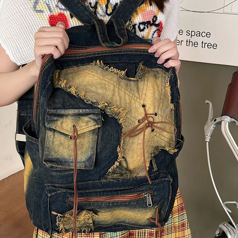 Washed Denim Womens backpack Large Capacity y2k Fashion er big Travel Bag Girls Daypack bagpack casual bag 250318