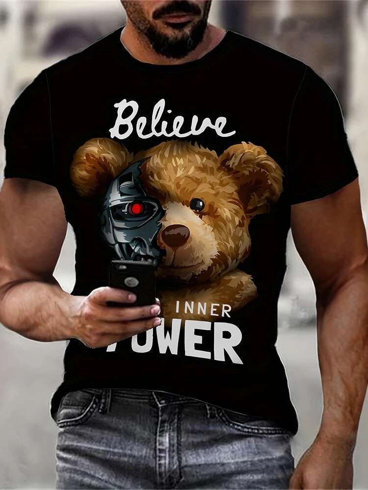 Hip-Hop Style Cartoon Bear Print T-Shirt Summer Casual Everyday Top Urban Street Fashion Men's Oversized Short Sleeve Tees