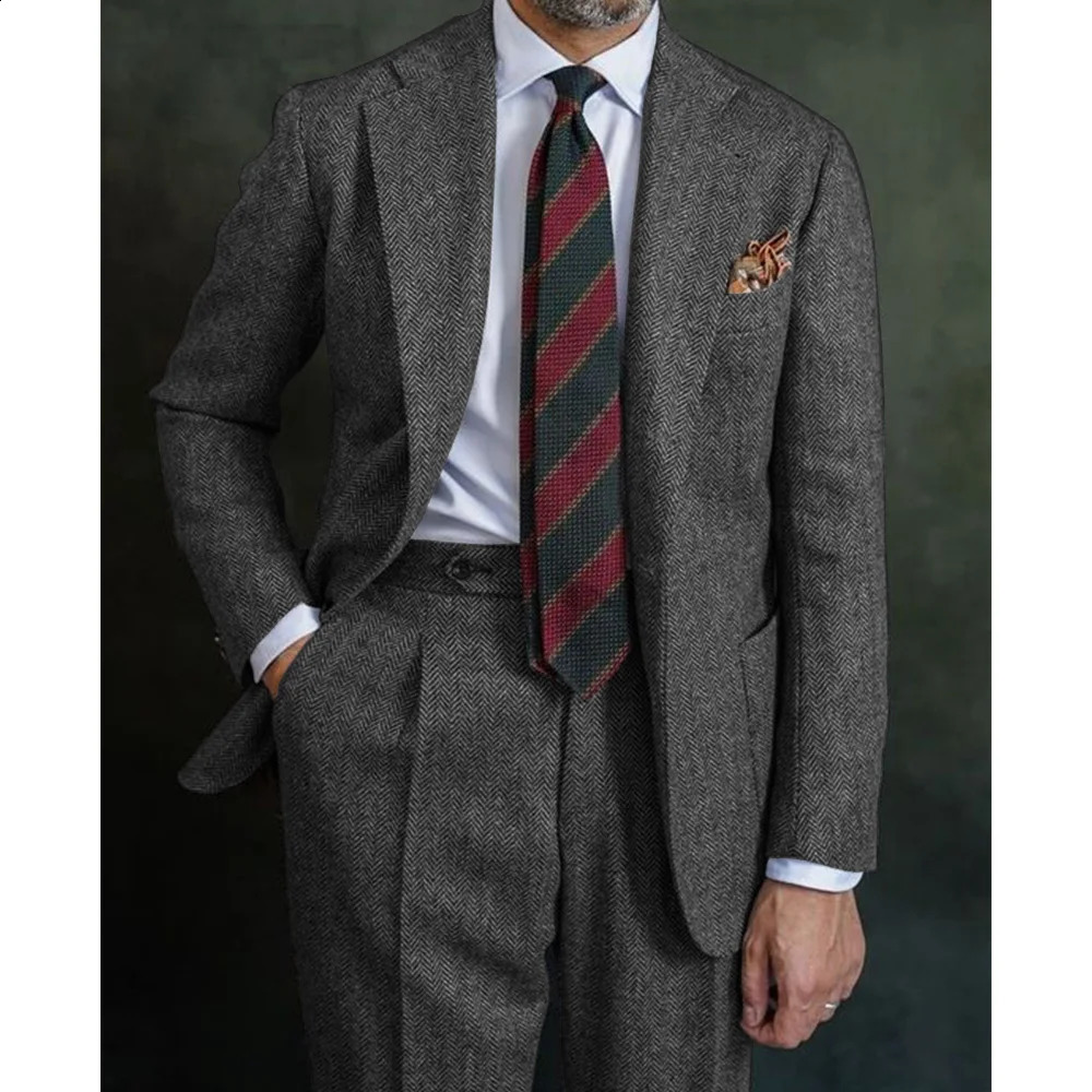 Mens Herringbone Suit Two Piece Elegant Pants Set Casual Clothing Halloween Party 250311