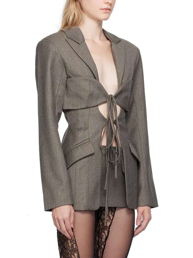 Hollow Out Irregular Blazer For Women Notched Collar Long Sleeve Patchwork Lace Up Temperament Blazers Female New