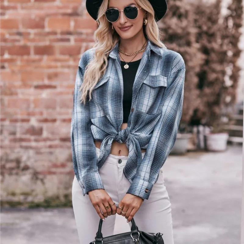 Womens long sleeved autumn button top with casual and fashionable collar oversized loose checkered shirt 250319