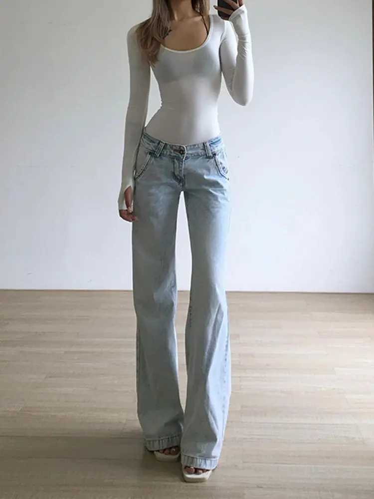 Light Blue Low Waist Jeans Woman Streetwear American Vintage Denim Pants Female Casual Washed Straight Pants WomenT250319