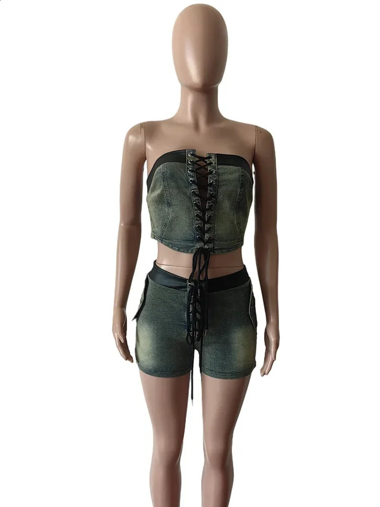 Leosoxs Denim Summer 2 Piece Set Women Leather Edging Vintage Y2K Shirring Strapless TopsShorts Hipster Summer Matching Suit 250319