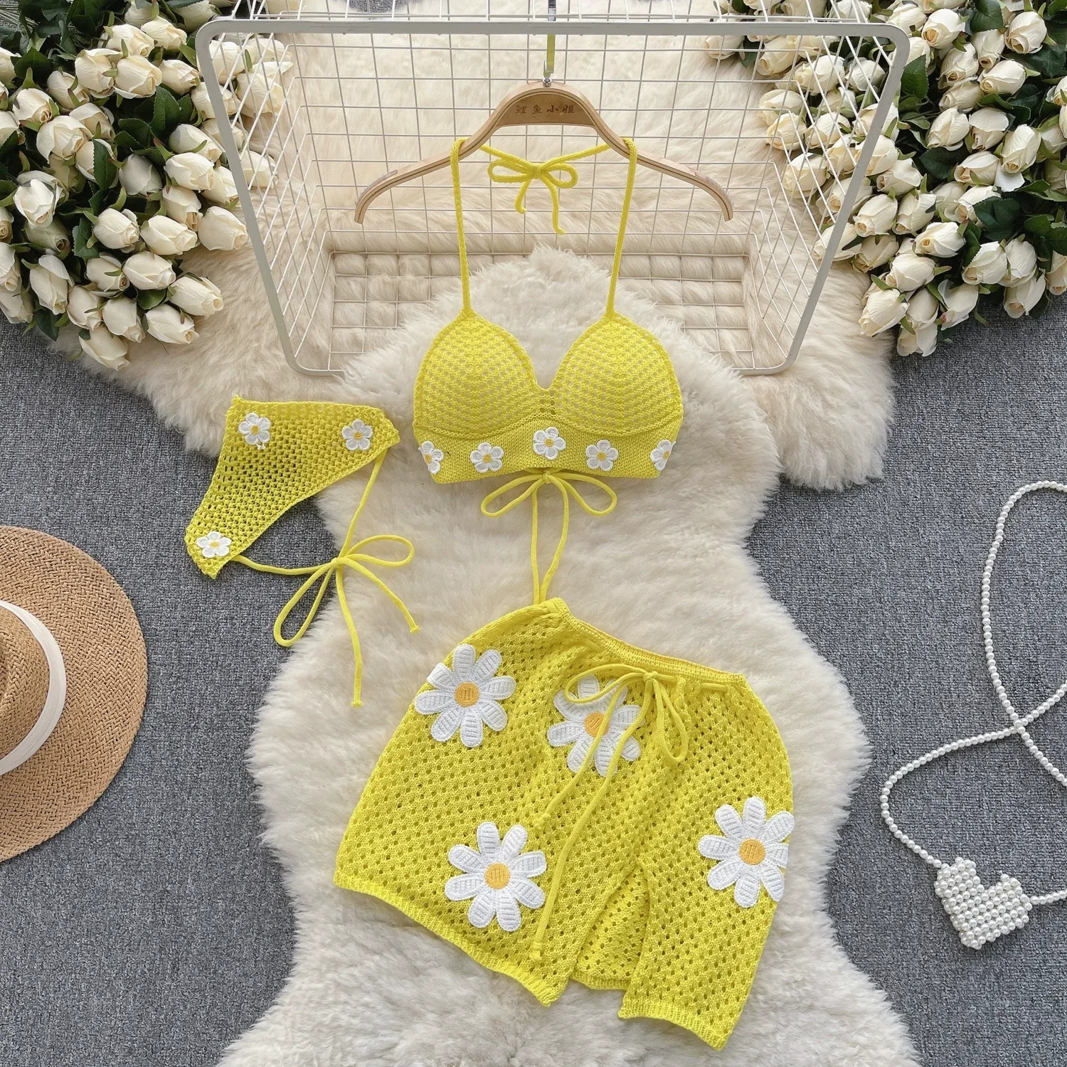 Summer Hollow Knitted Set Womens Strap Lace Bow WaistDrawstring Split Mini Skirt Two Piece 250318