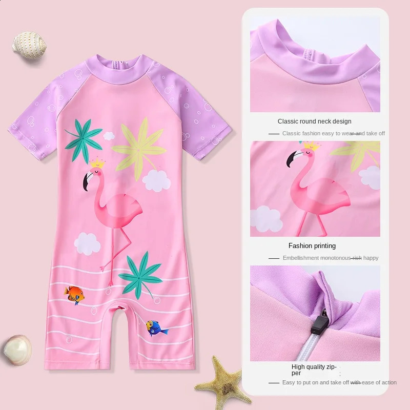 Childrens Short-Sleeved Cartoon Swimwear Beach Sunscreen Swimsuits Baby Boys and Girls One-Piece 250319