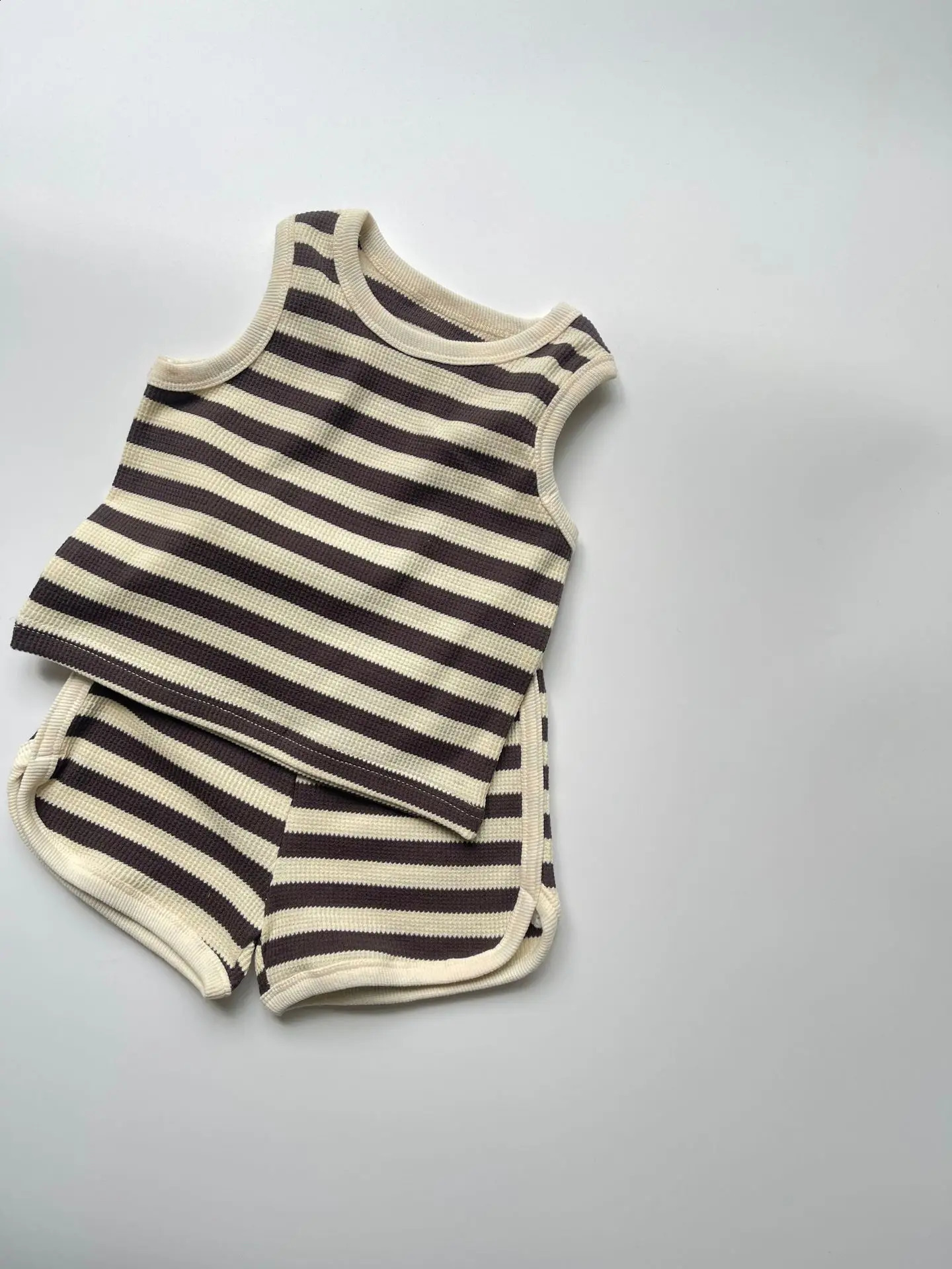Summer Boy Girl Children Waffle Striped Sleeveless Tops Shorts 2pcs Baby Cotton Loose Thin Vest Suit Kid Casual T-shirt Set 250319