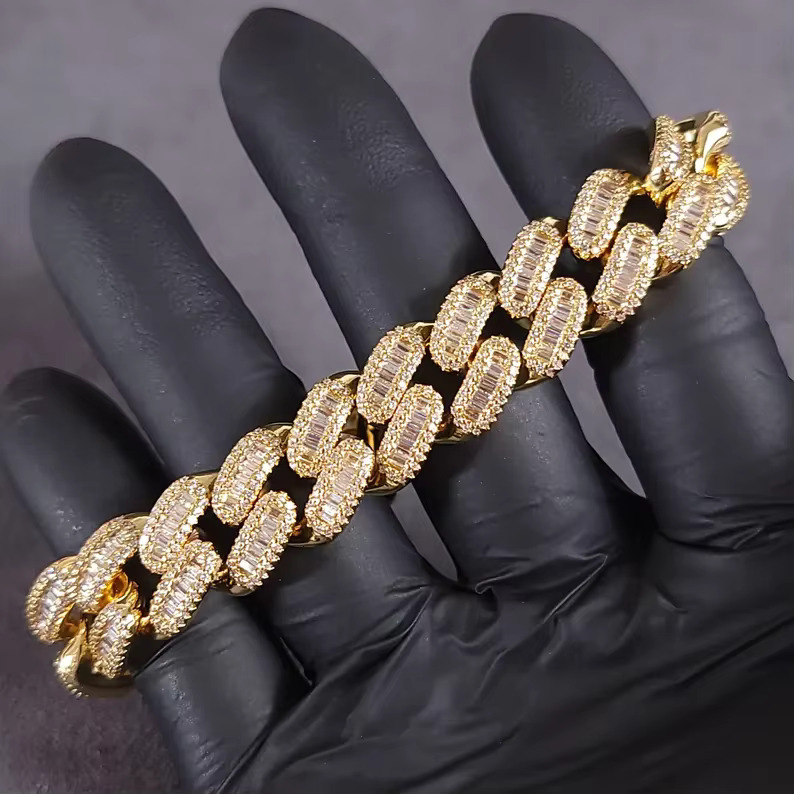Baguette Cut 14mm Miami Chain VVS Iced Out Diamond Moissanite S925 Gold Plated Hip Hop Jewelry Cuban Link Chain for Men
