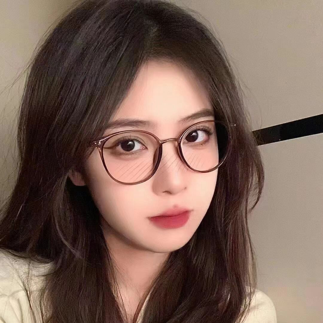 Round Anti Blue Light Flat Lens Cold Tea Colored Female Student Myopia Lens Frame Matched with Degree Bare Color Glasses Frame Women's Lightweigh