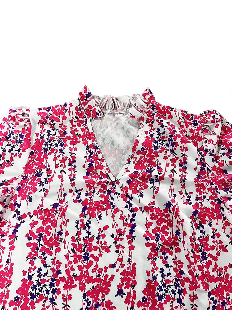 Fashionable Elegance Womens Spring Summer Casual Floral Lace Sleeve VNeck Shirt Elegant Style Leaf Edge Detail 250319