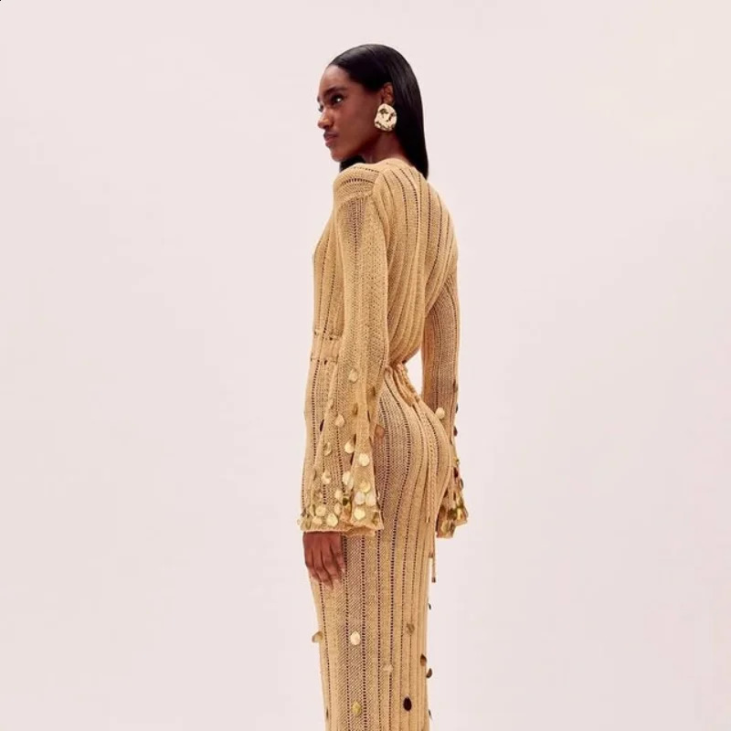 Long Sleeve Sequin Maxi Dress: Shinny Deep Neck Lace Up High Waist See Through Party Dress C260312