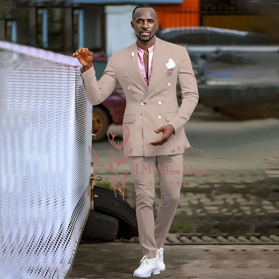 Fashion Mens Suit 2piece Jacket Pants Set Premium Party Custom Ball Outfit Pink Doublebreasted Coat for Wedding Prom 250311