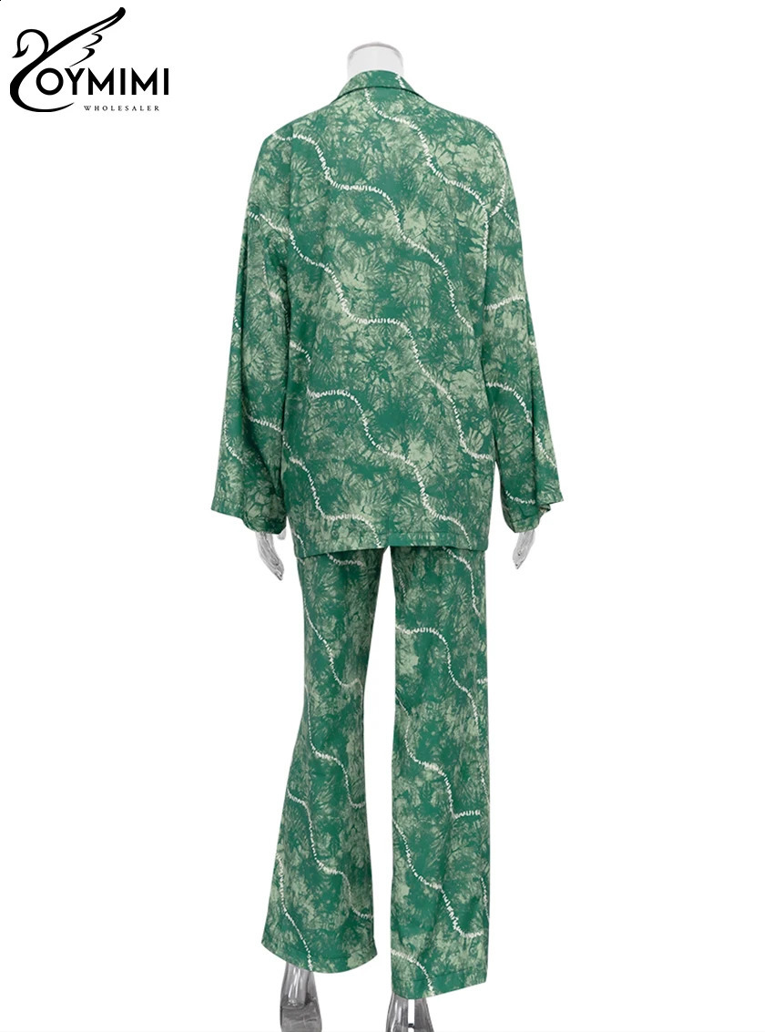 Oymimi Fashion Long Sleeve Blouses Two Piece Set Women Vintage Loose Print Pants Set Lady Elegant Y2k High Waist Trousers Suits 250319