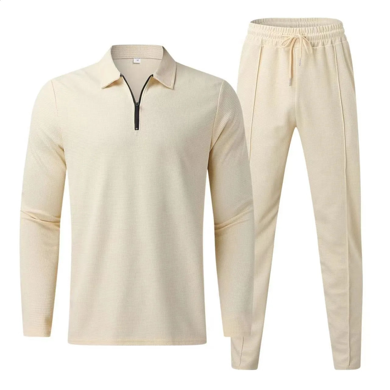 SpringAutumn Mens Waffle Solid Color Zipper Top Casual Handsome Sports Long Sleeve Pants Two Piece Fashion Set 250319