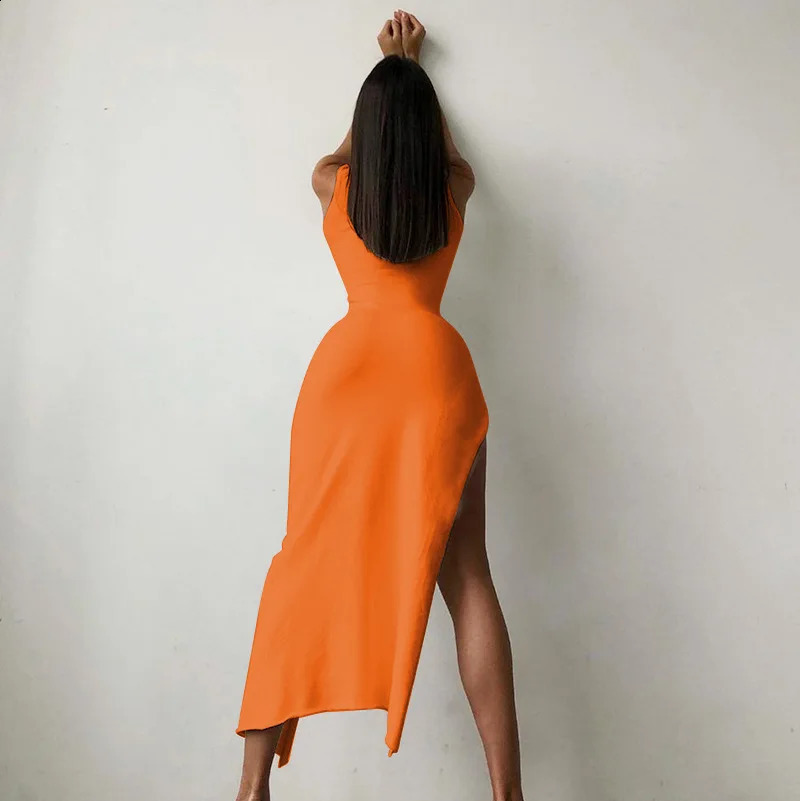 Y2k Sleeveless Orange Midi Womens Dresses Side Slit Turtleneck Setting Bodycon Sexy Party Elegant Dress Basic Vintage Robe 250319