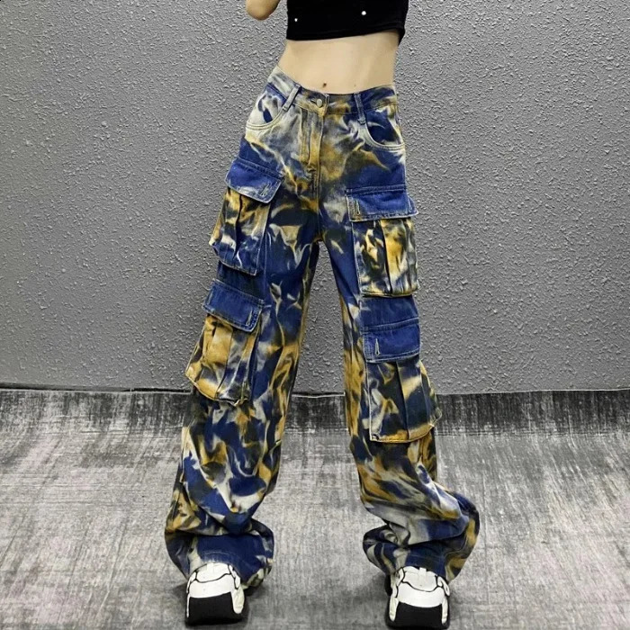 #2201 Tie Dye Printed Wide Leg Jeans Women Streetwear Long Cargo Side Pockets Loose Straight Denim Female Hip Hop 250317