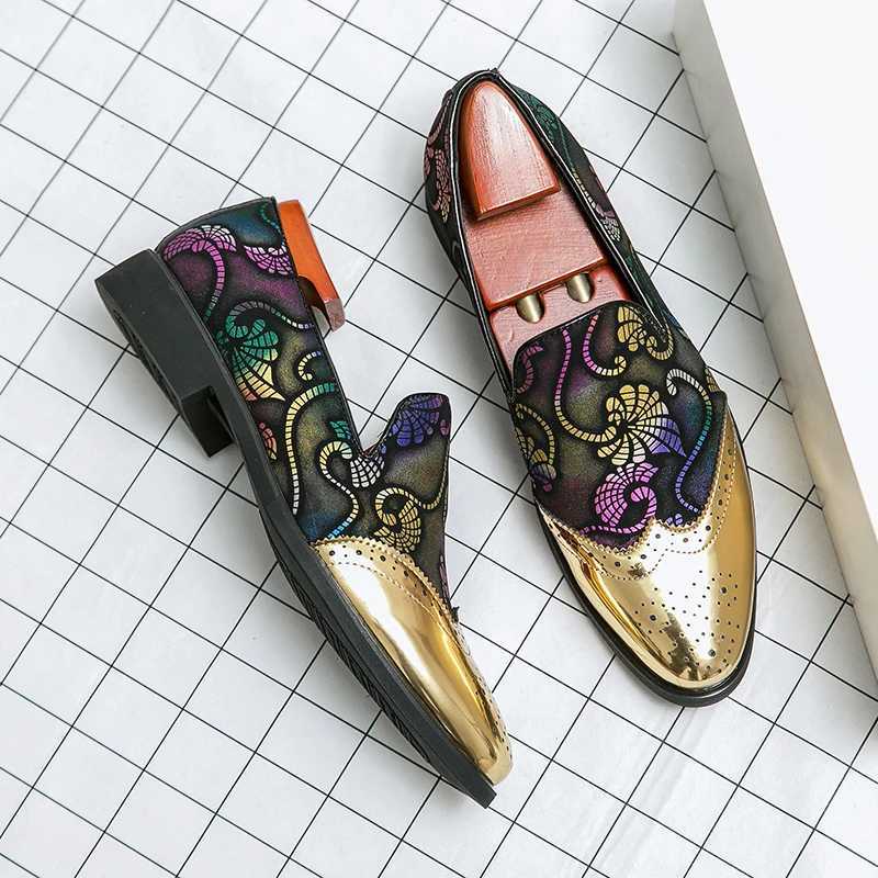 Mens dresses leather shoes mens classic gentlemens wedding ball shoes luxurious British gold blue countryside pattern Oxford HombreXJ250319