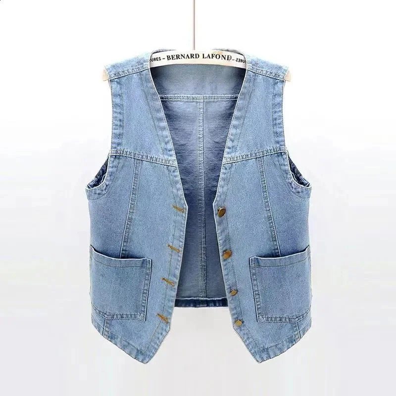 2024 SpringSummer Vneck Denim Tank Top Womens Short sleeved Jacket Casual Single breasted Jeans Waist Coat T382 250319