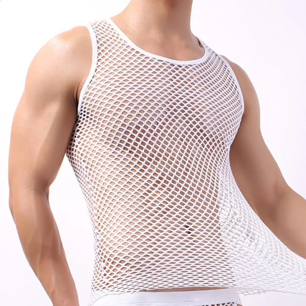 Fishnet Men Sexy Mesh Tank Tops Transparent Sleep Tops Male Underwear Pure Color Vest Sleeveless Tops Underwear Male Undershirt 250319