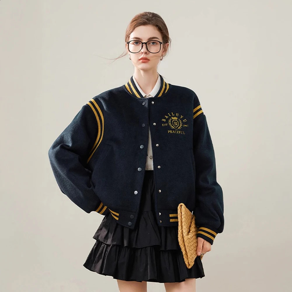 Retro school team jacket womens loose baseball retro ed letters thick wool blend casual streetwear 250317