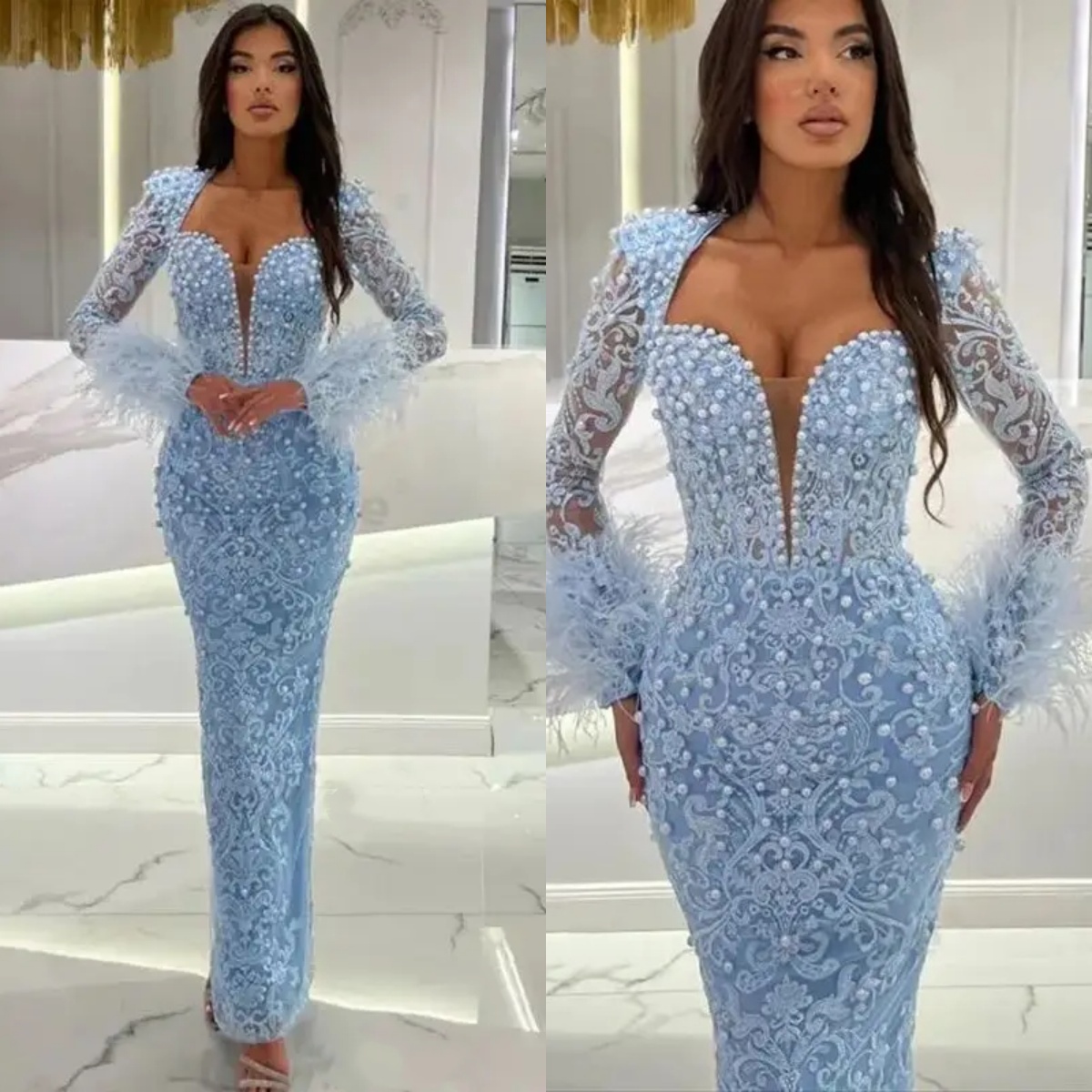 Vintage Evening Dresses For Women Sweetheart Neck Long Sleeves Gown Feather Beaded Sweep Train Party Customized Dress