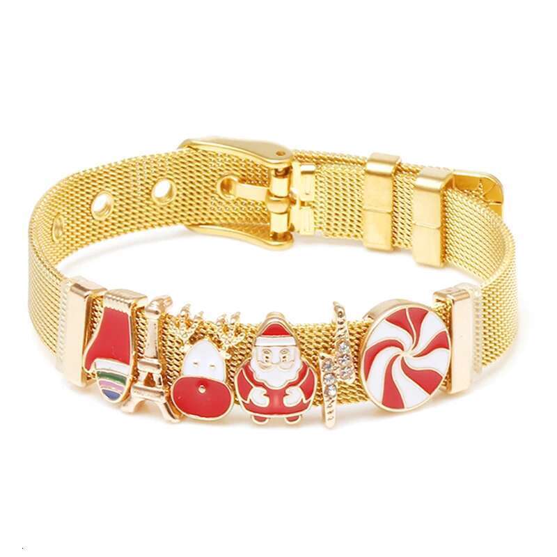 2024 Christmas Gift Gold Color Charm Mesh Bracelet With 10mm Santa Claus Beads Stainless Steel Bracelet Bangle For Women Jewelry