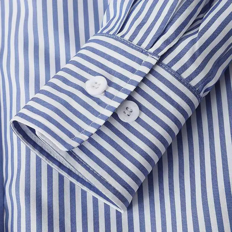 Womens SpringSummer Shirt Fashion Casual Long Sleeve Collar Blue Stripe Top 250318