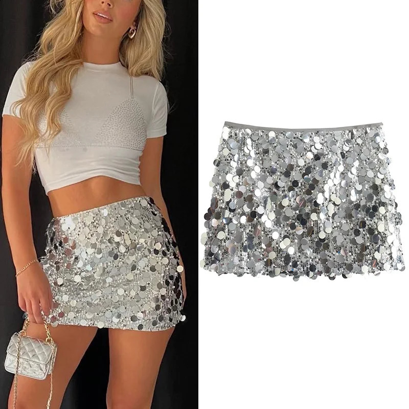 TRAF Silver Sequin Skirt Woman High Waist Mini Skirt Woman Fashion Shiny Glitter Elegant Short Skirts For Women Y2k Skirts 250319