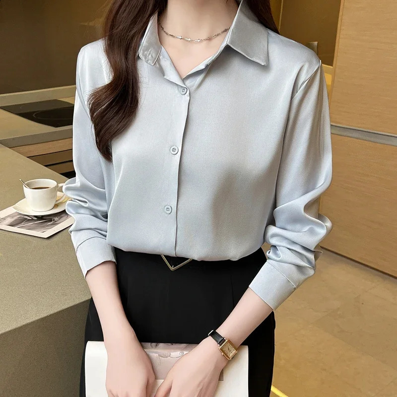 Spring Autumn Elegant Satin Womens Blouse 2025 Long Sleeve Single Breasted Korean Casual Loose Office Shirts Female 250318