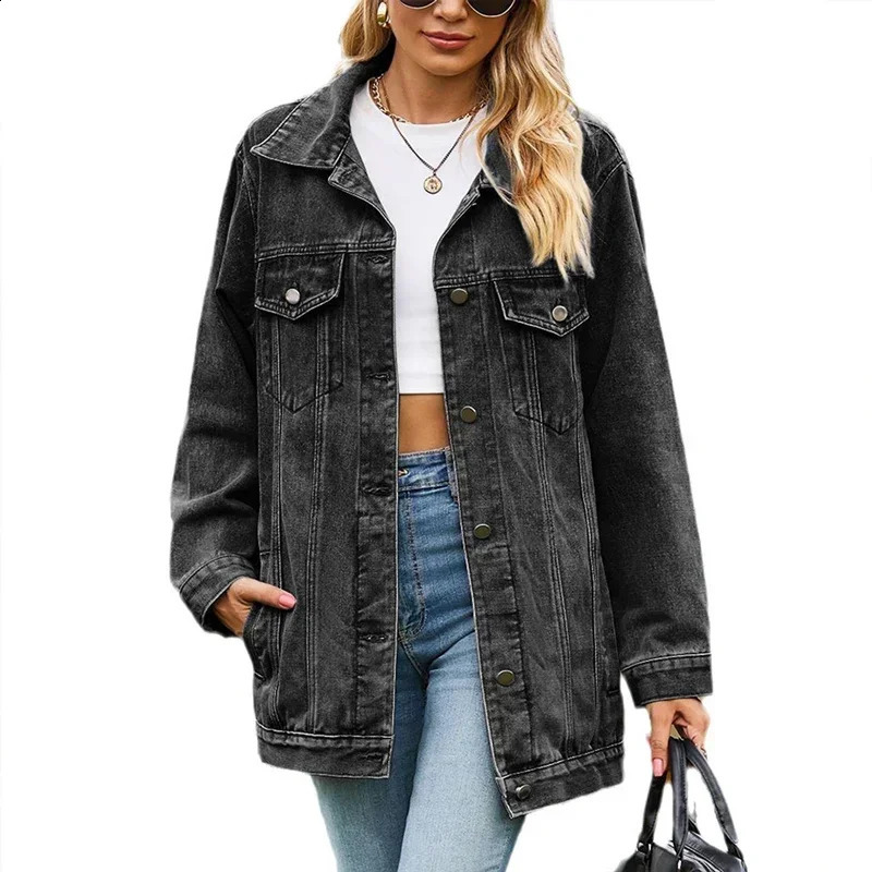 Retro denim jacket womens autumn loose lapel single breasted open top coat fashionable casual commuting 2024 250319
