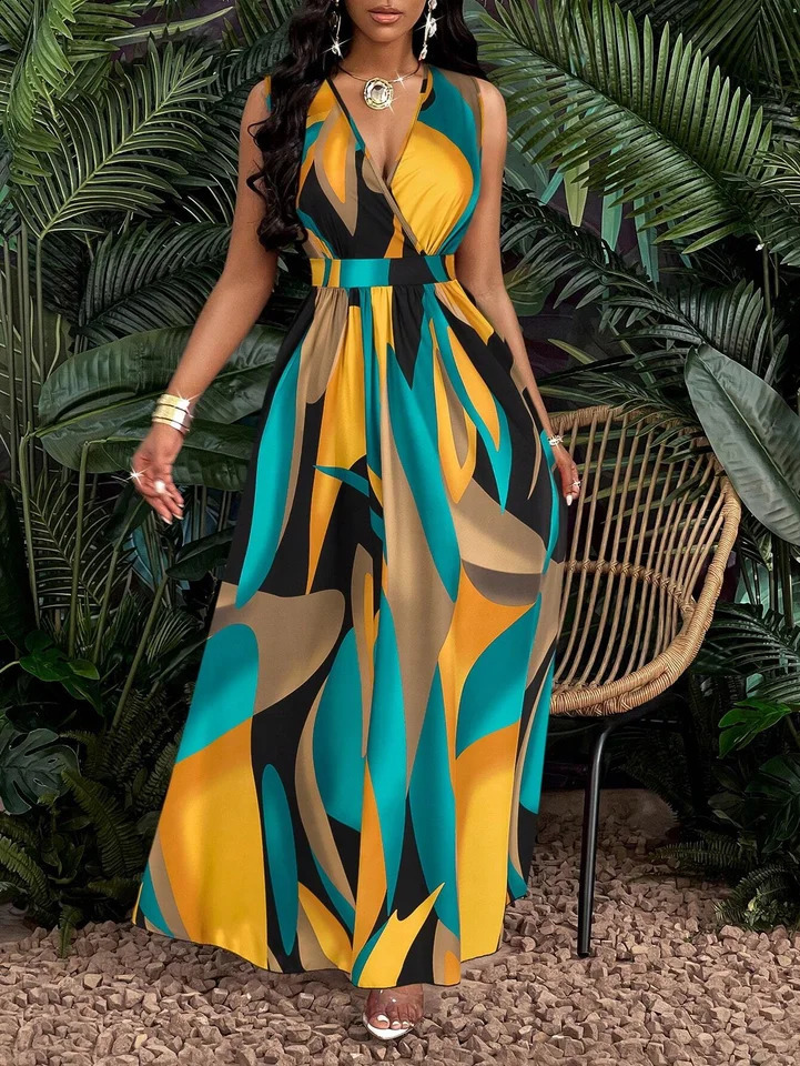 Tropical print V-neck waist cable knit suitable for flame retardant dresses Maxi womens dress 250317