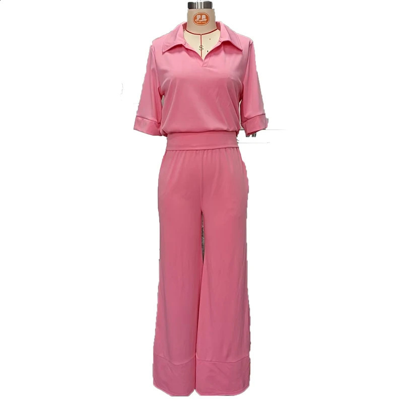 Women Elegant Office Lady Two Piece Sets Lapel Half Sleeve Tops with Wide Leg Pants Suit Solid Casual Loose Chic Outfits 250319
