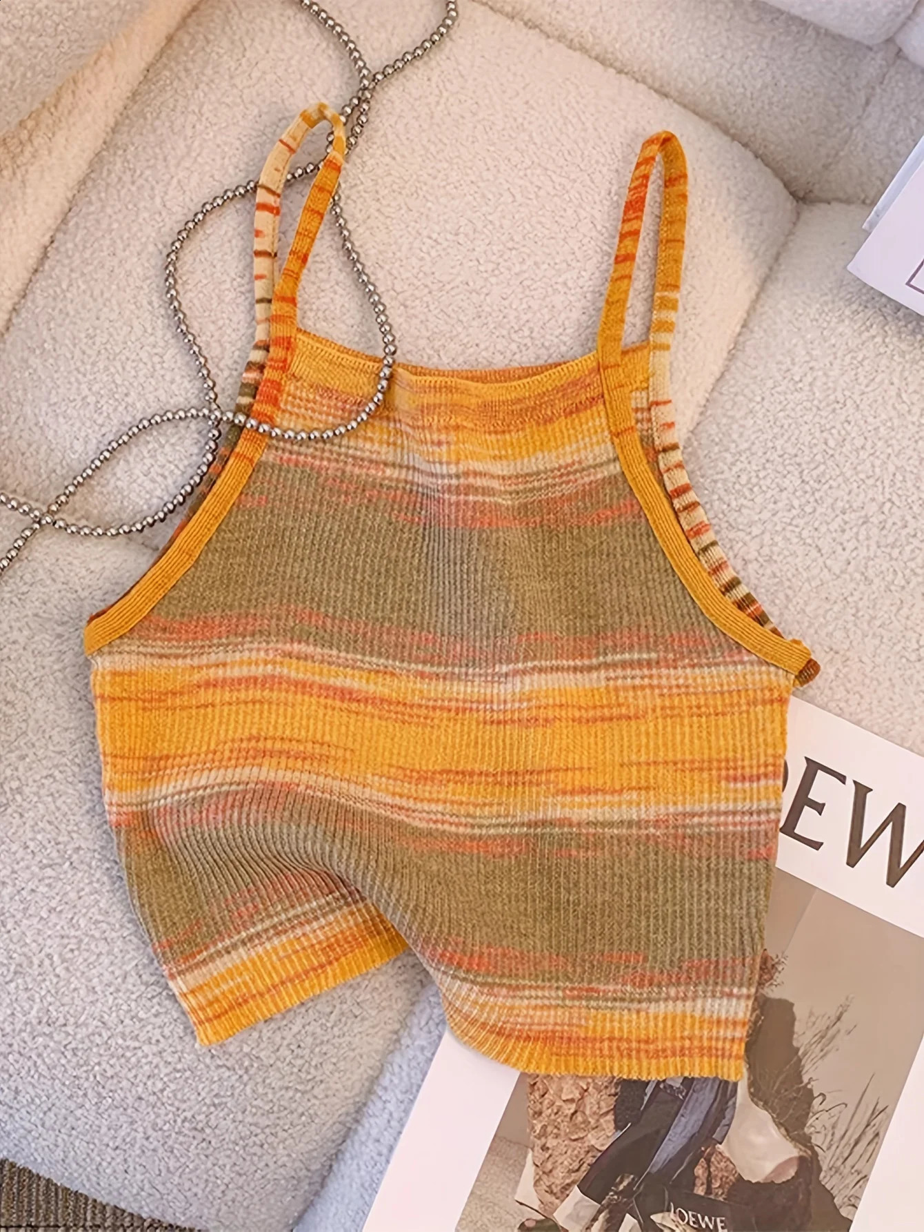 2024 Comfortable and Stylish Striped Ribbed Knit Cami Top for Women Sleeveless Square Neck Casual Rainbow Crop 250311Z
