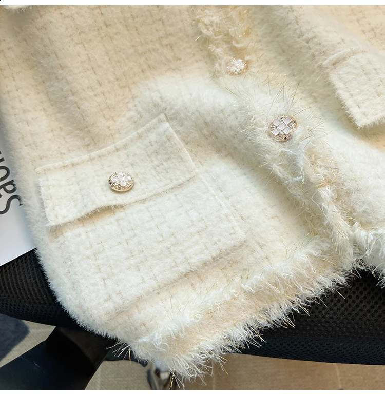Sparkling knitted Ves soft fuzzy buttons pockets sleeveless plain jacket autumn and winter set 250319