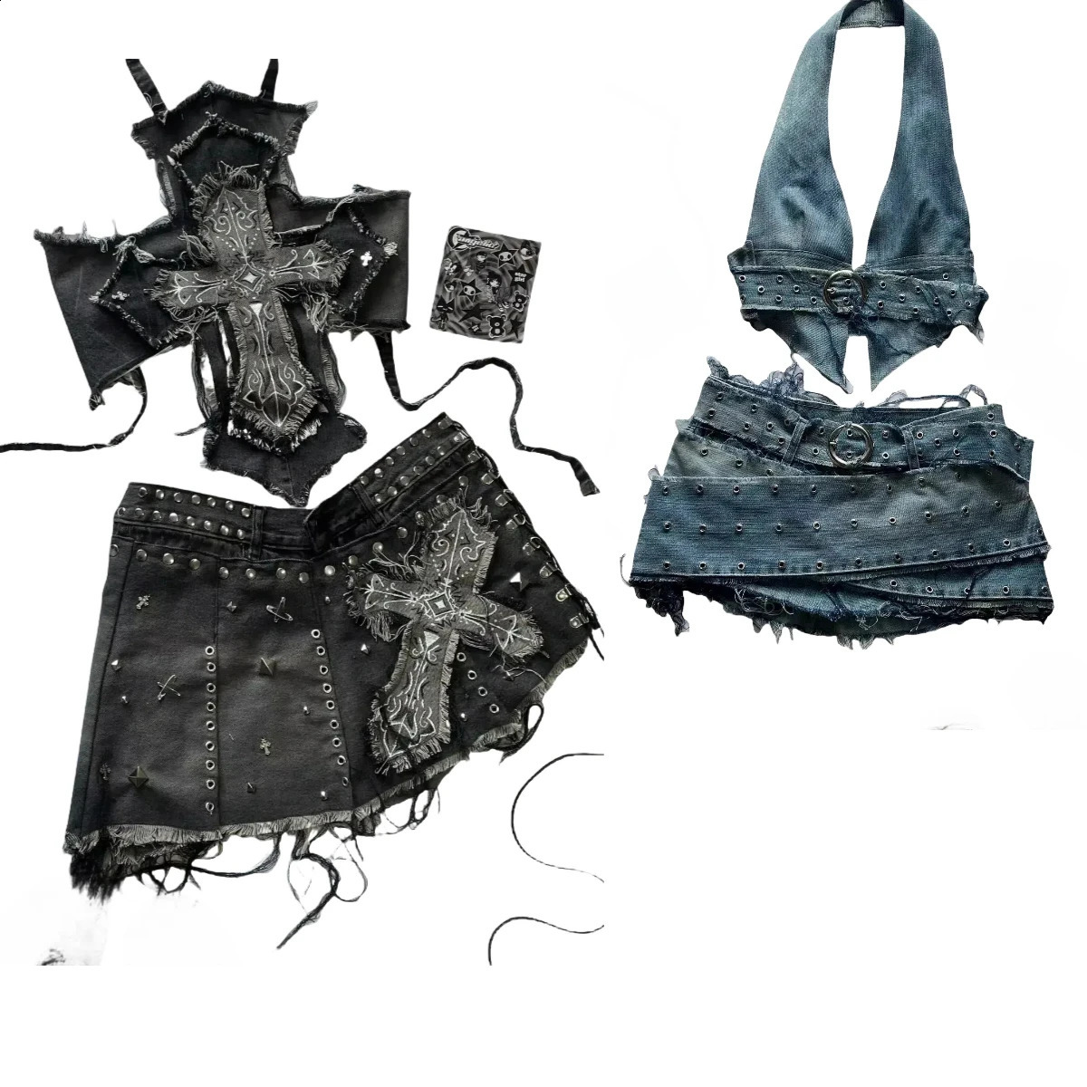 Harajuku Sling Y2k Two Piece Sets Womens Outfits Gothic Vintage Denim Skirt Sets Sexy Slim Crop Tops Mini Skirt Streetwear 250319