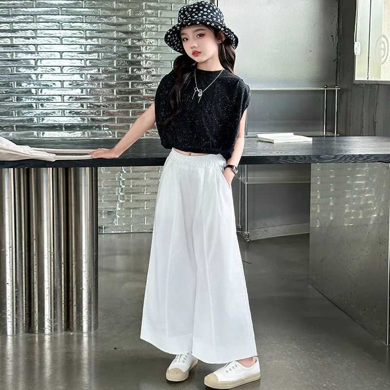 Girls Pants 2024 Summer New Childrens Clothes Girls Baby Foreign Style High-grade Loose White Wide Leg Pants Casual Simple DailyT250318