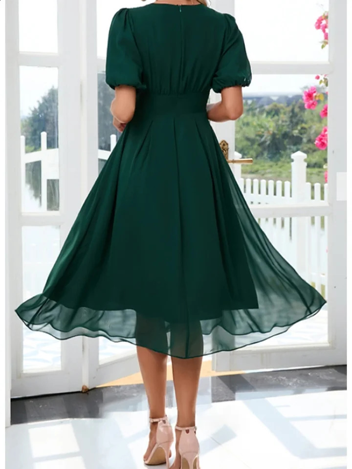 Womens plus size fashionable dress Vneck elegant Aline chiffon midi lantern sleeves casual party Vestidos 250319