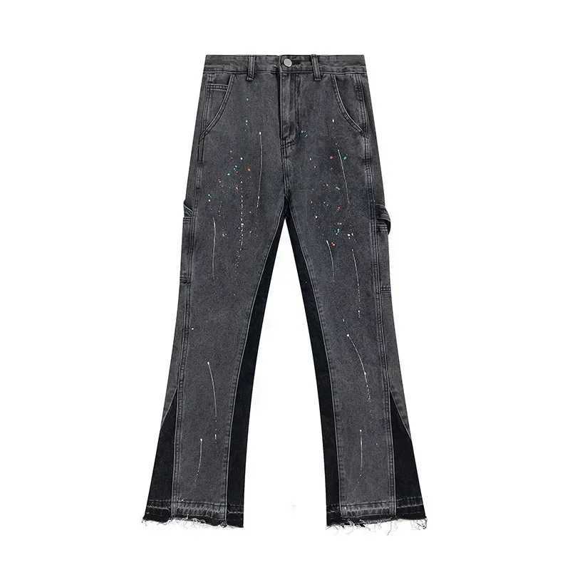 Spliced washed jeans Y2K retro mens high street spotted pants slightly tattered casual pants casual hip-hop high street X250319