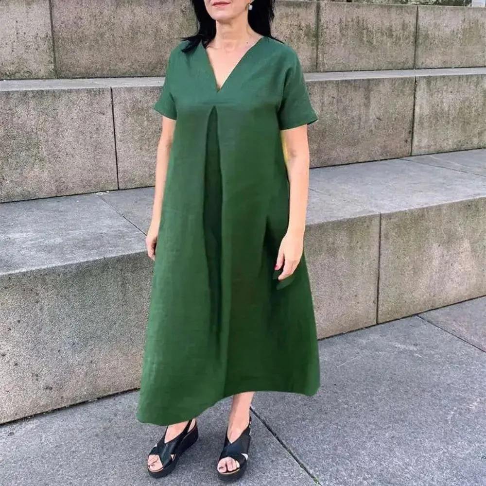 Womens L5XL plus size spring summer loose cotton linen short sleeved fashionable dress Vneck solid color casual 250319