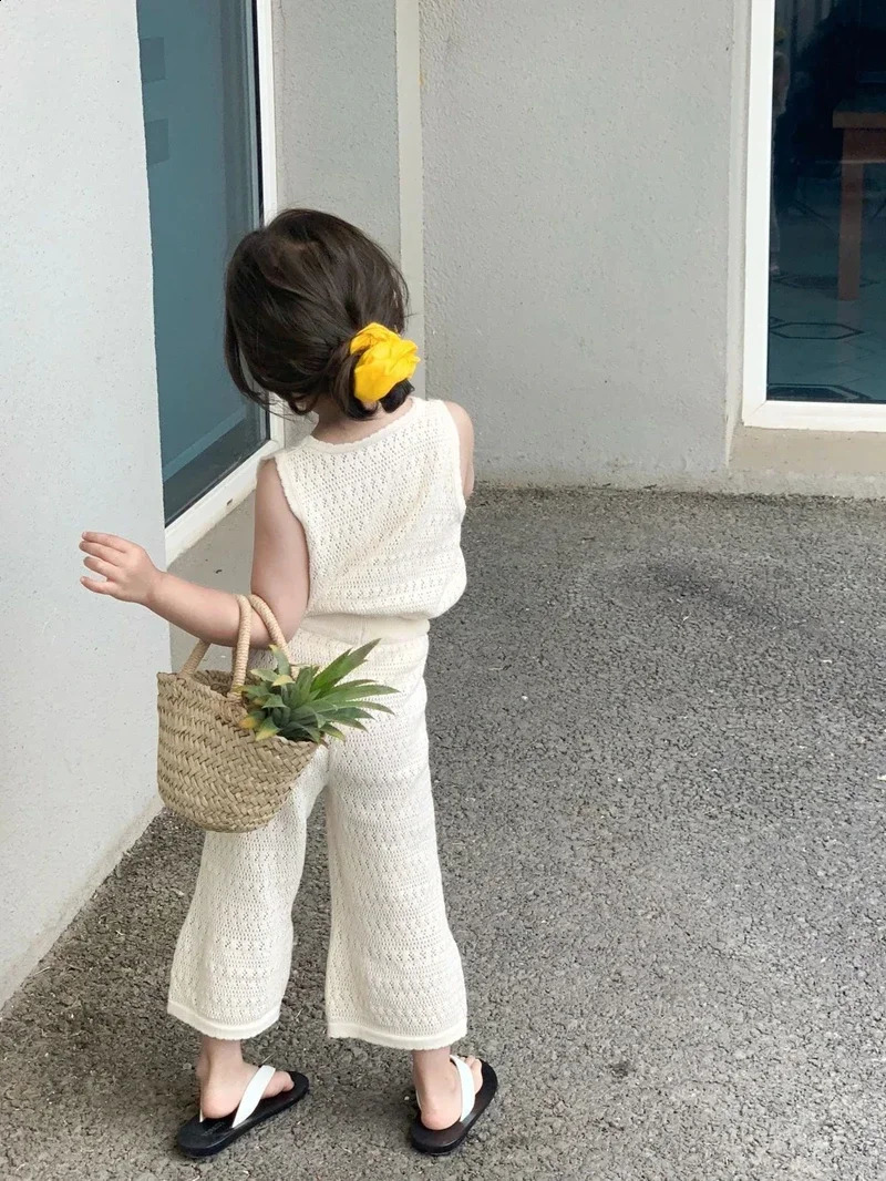Girls Clothing Sets Summer Korean Thin Knitted Girl Set Children Hollow Breathable Vest Wide Leg Pants Two-piece Suit 250319