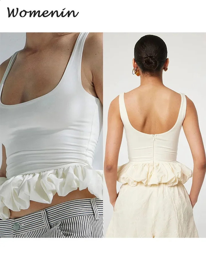 Ultra thin pleated edge pleated vest for womens sexy backless long sleeved square neckline womens vest summer elegant womens streetwear 250314
