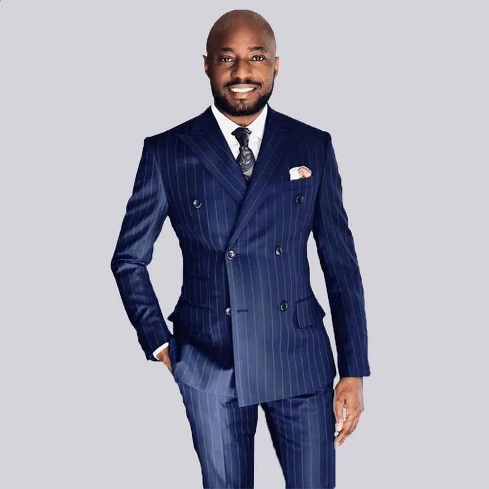 High Quality Double Breasted Men Suits Formal Occasion Lapel Blue Stripe Outfits Elegant Office 2 Piece Jacket Pants Blazer 250311