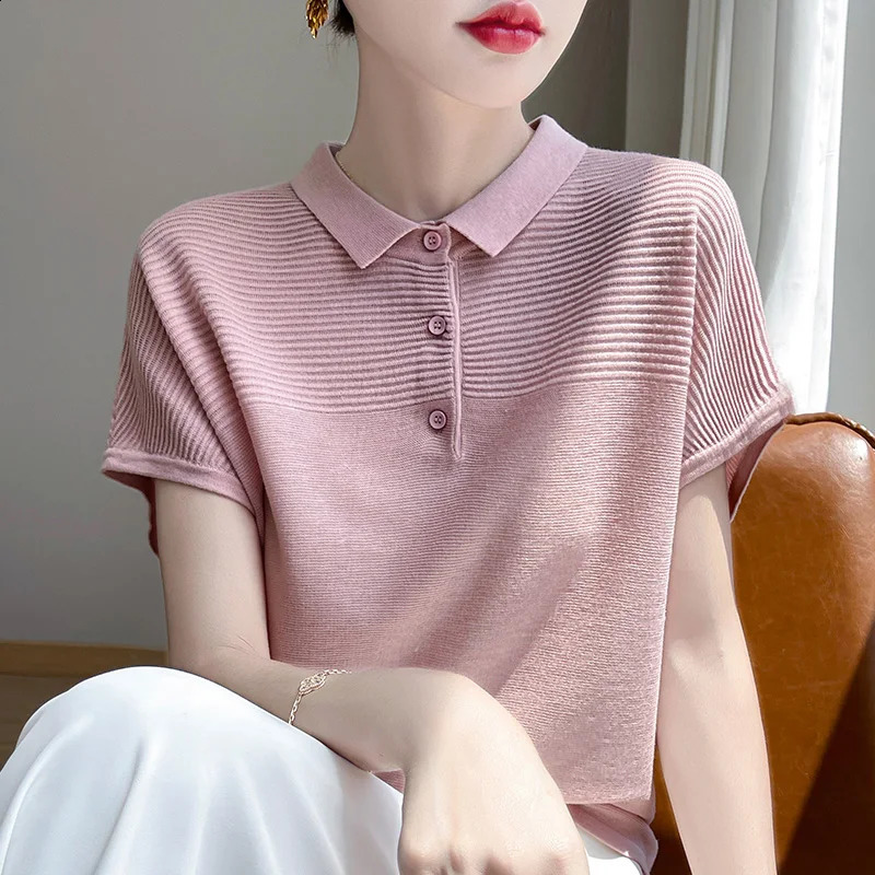 Womens T-shirt Summer Worsted Knitted Tees Casual Solid Sweater Short Sleeve POLO Collar Blouse Ladies Clothes Loose Tops 250318