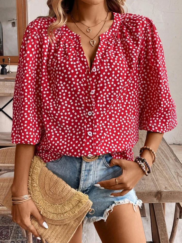 Womens vacation style spring and summer Vneck button up mid sleeve slit n single row down casual top 250319
